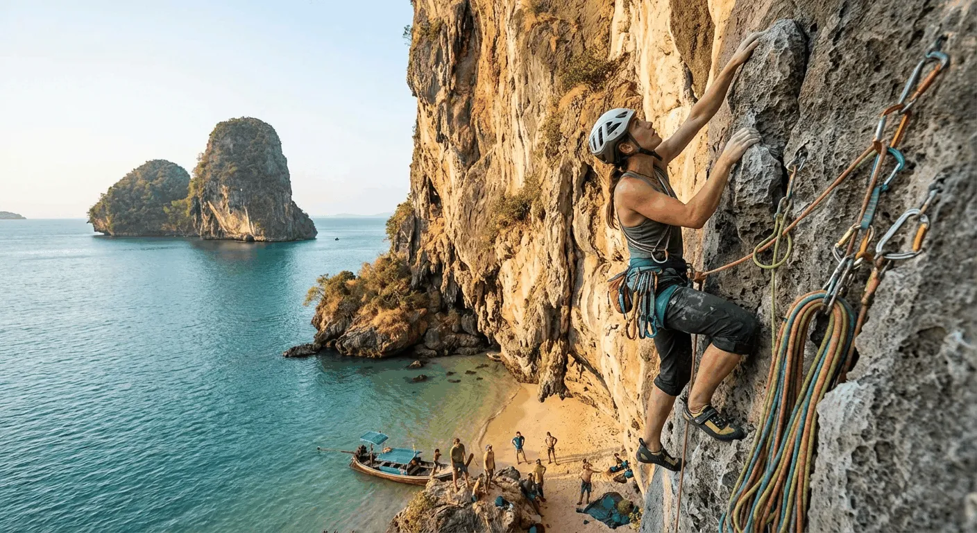 Rock climber scaling coastal limestone cliff in Thailand with ocean views