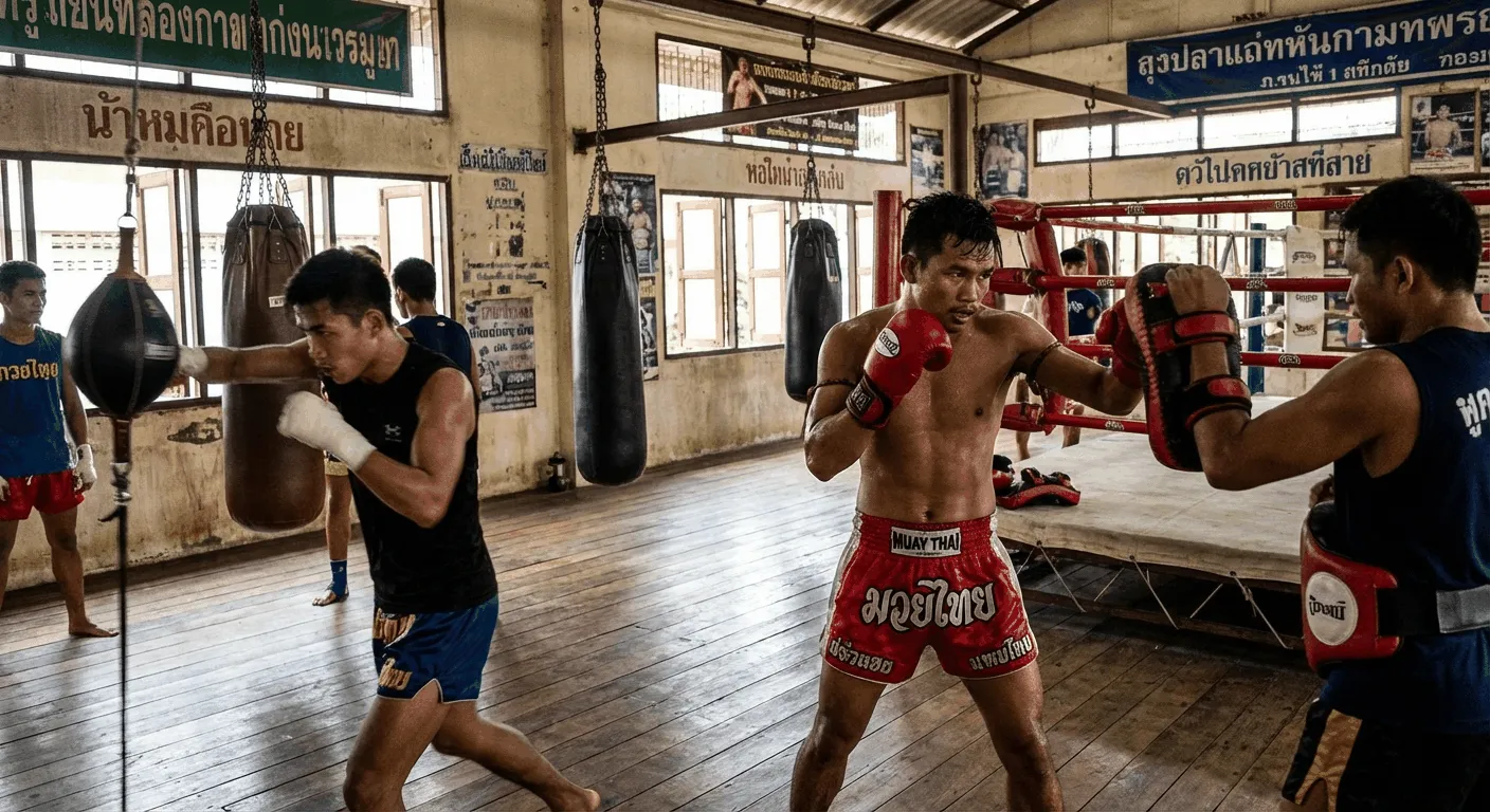 Muay Thai training session in authentic Thai gym with professional fighter