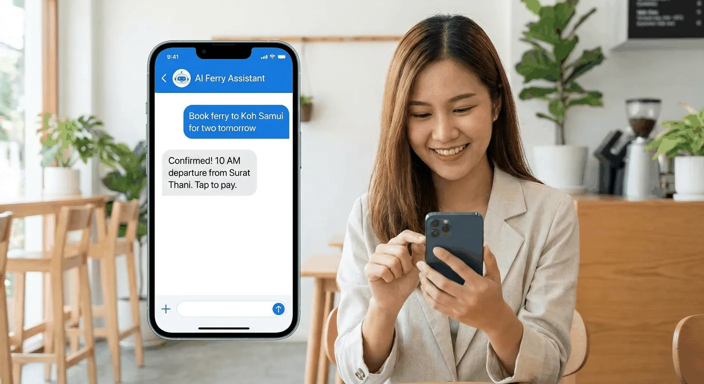 Person using AI booking service to chat and book Thailand ferries on WhatsApp