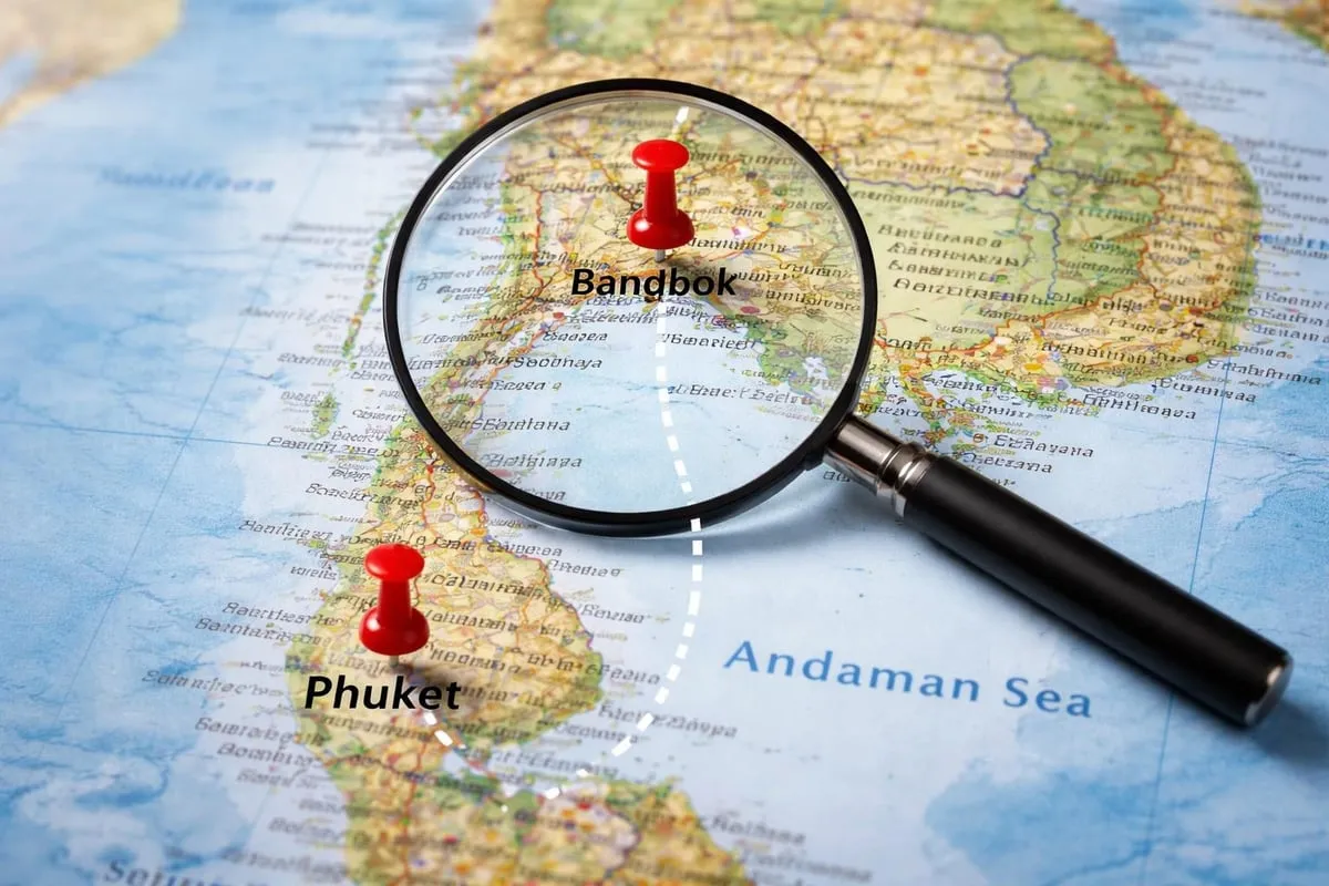 Thailand map showing Bangkok to Phuket route