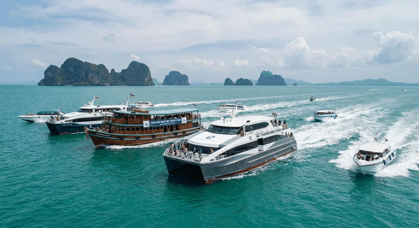 Multiple ferries sailing together in Thailand waters showing diverse ferry options