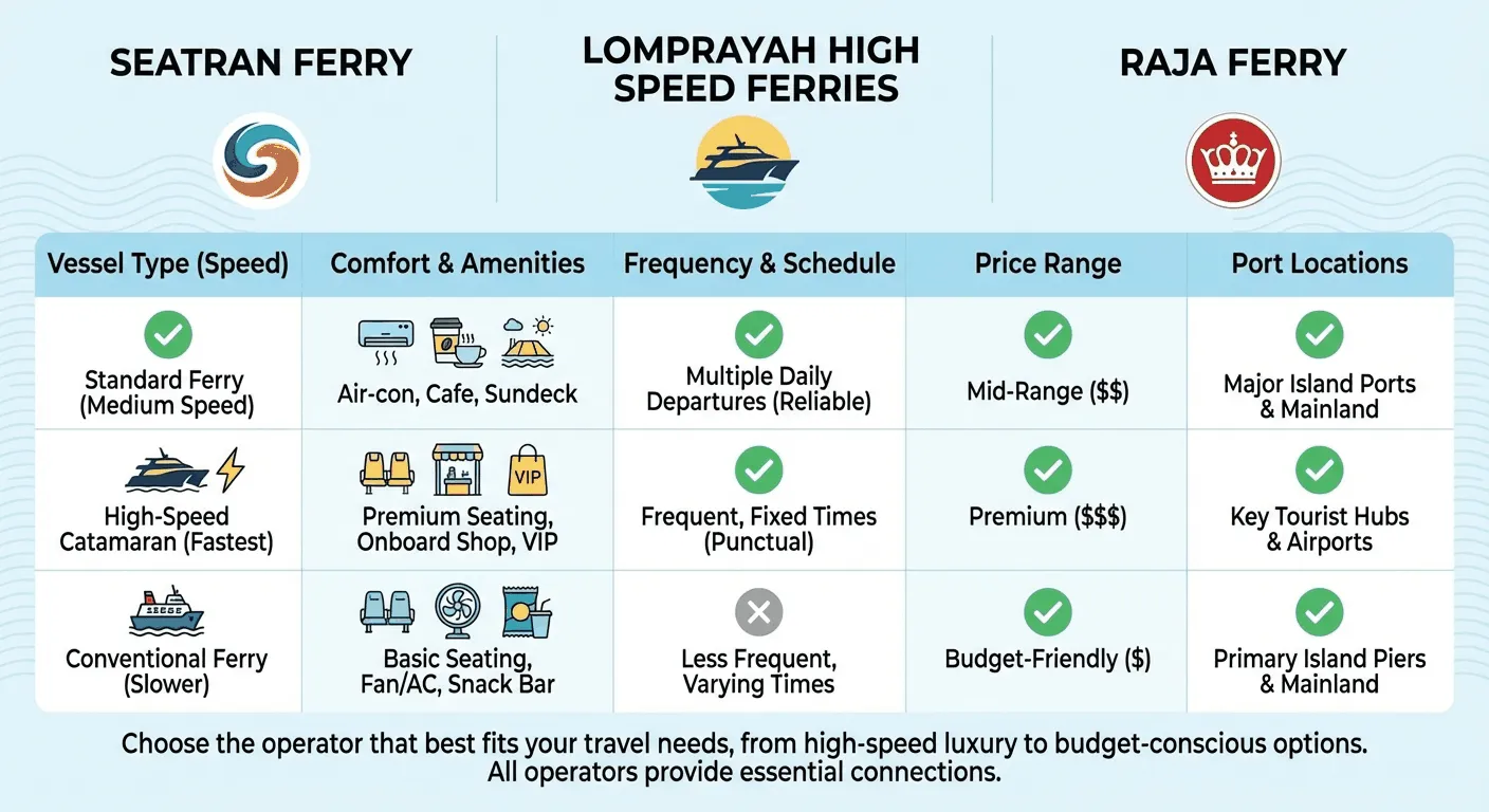 Ferry operators comparison chart showing Seatran, Lomprayah, Raja Ferry side-by-side