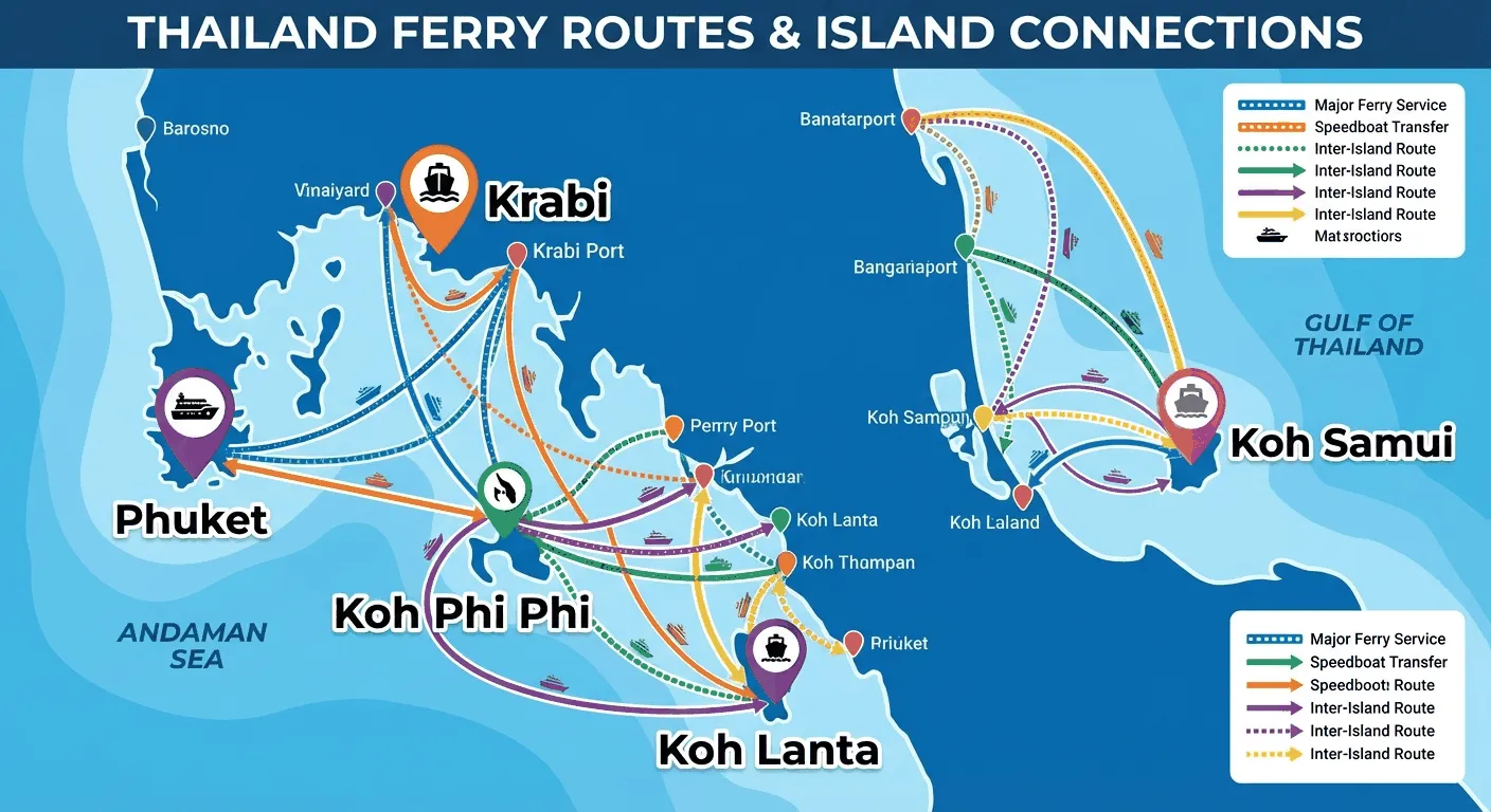 Thailand map showing ferry routes connecting Koh Samui, Phi Phi, Krabi, Phuket, Koh Lanta