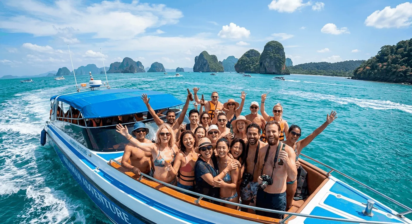 Group of tourists on a private speedboat in Thailand's turquoise Andaman Sea waters with limestone islands in the background