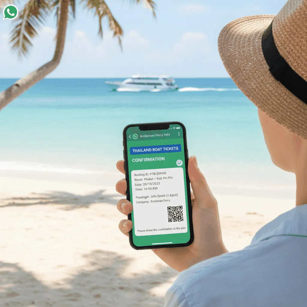Ferry ticket confirmation on a smartphone with a beautiful beach in the background
