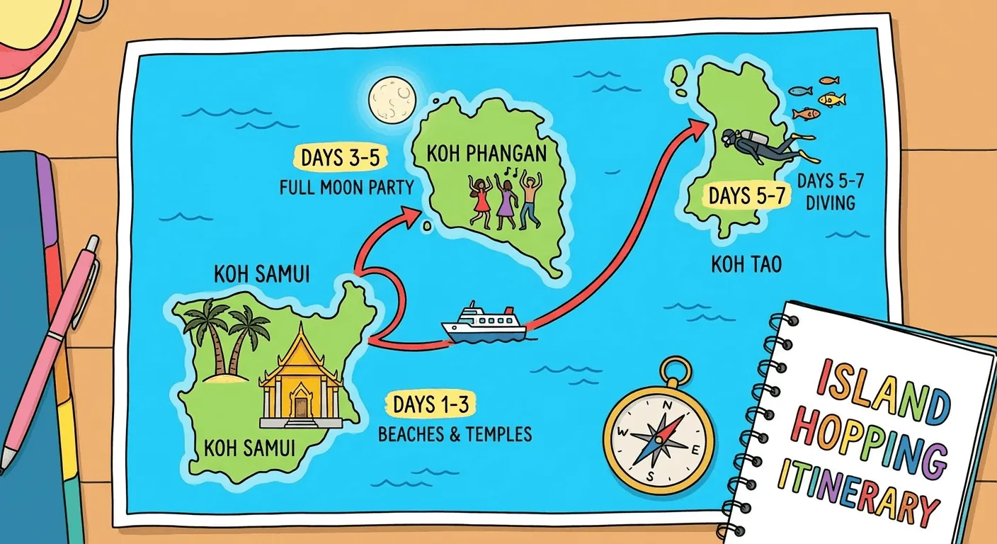 Stunning drone shot of a high-speed catamaran traveling between two lush, tropical islands in Thailand