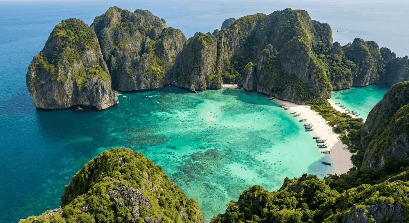 Phi Phi Islands aerial view showing dramatic limestone cliffs and turquoise waters