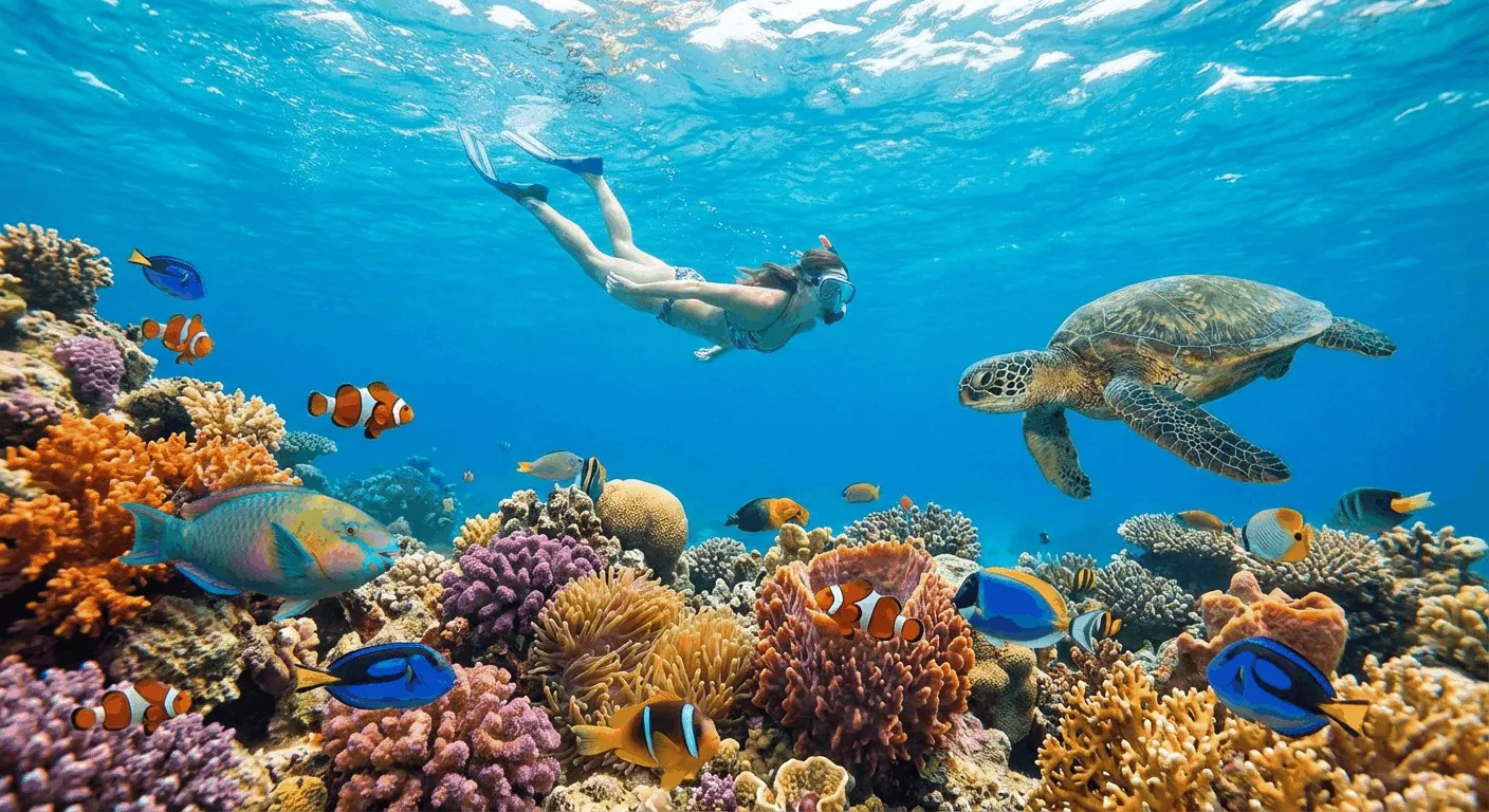 Underwater snorkeling scene with colorful coral reef and tropical fish swimming