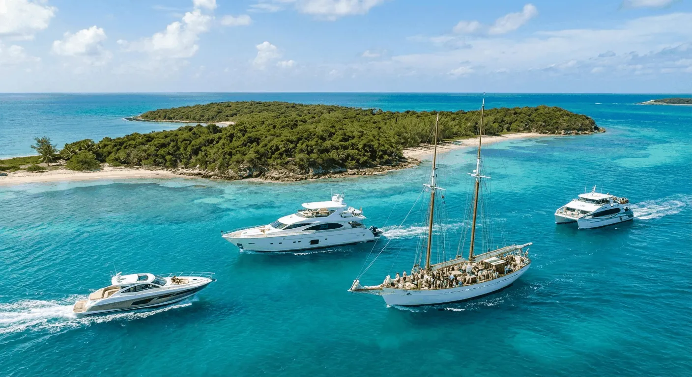 Luxury speedboat and yacht charter sailing through crystal clear turquoise waters with tropical islands